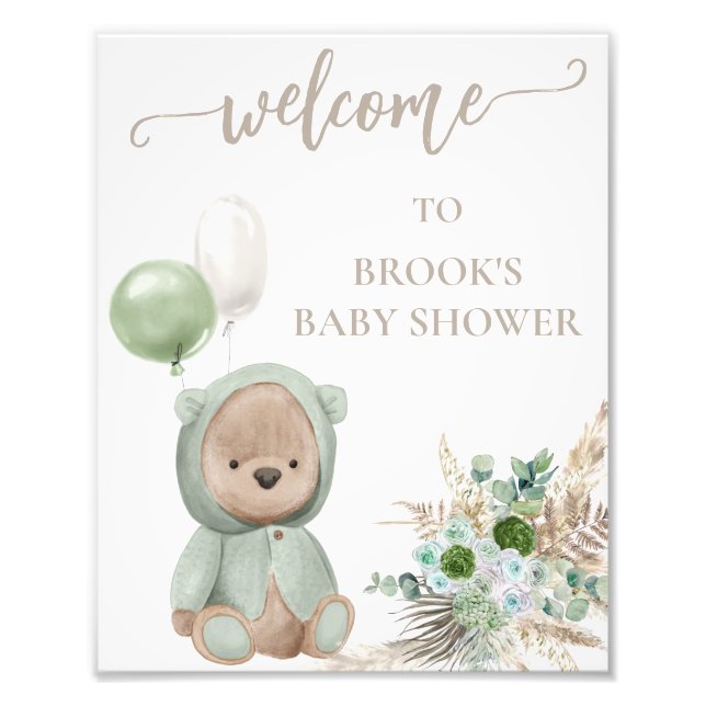 Bearly Wait Green Boho Bear Shower Sign (Front)