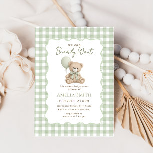 Bearly Wait Green Teddy And Balloons Baby Shower Invitation