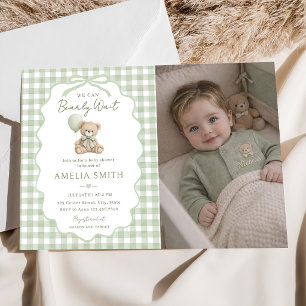 Bearly Wait Green Teddy Bear Baby Shower Photo Invitation