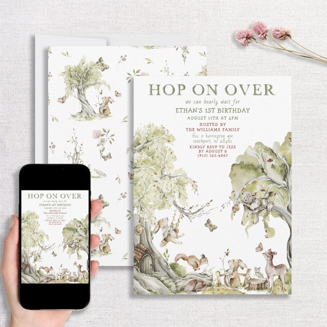Bearly Wait Hop on Over Woodland 1st Birthday Invitation (Creator Uploaded)