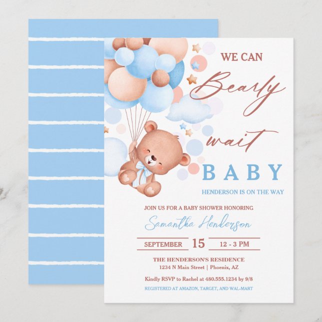 Bearly Wait Hot Air Balloon Baby Shower Blue Boy Invitation (Front/Back)