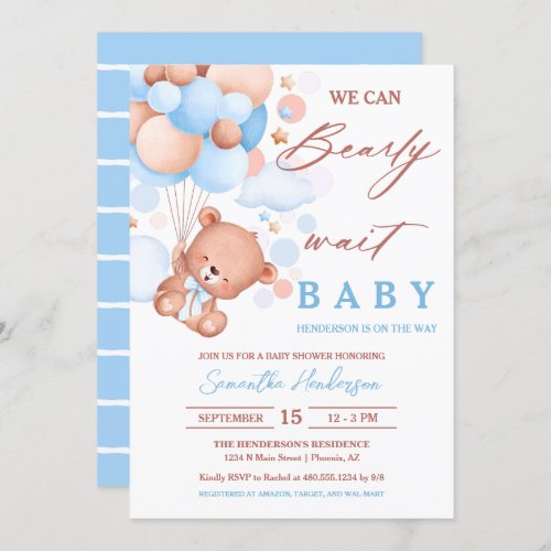 Bearly Wait Hot Air Balloon Baby Shower Blue Boy Invitation