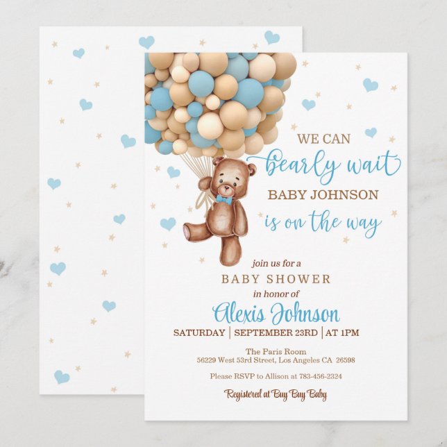 Bearly Wait Hot Air Balloon Baby Shower (Boy)   Invitation (Front/Back)