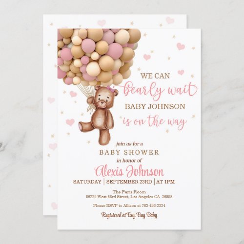 Bearly Wait Hot Air Balloon Baby Shower Girl Invitation