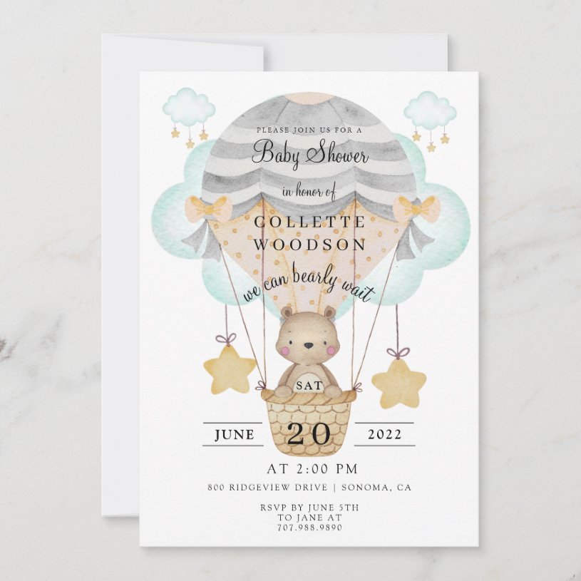 Bearly Wait Hot Air Balloon Baby Shower                    Invitation