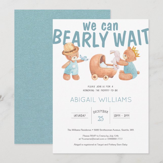 Bearly Wait It's a Boy Teddy Bear Baby Shower Invitation (Front/Back)