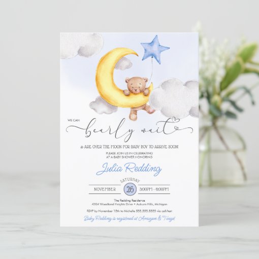 Bearly Wait Moon & Star Teddy Bear Boy Baby Shower Invitation | Zazzle