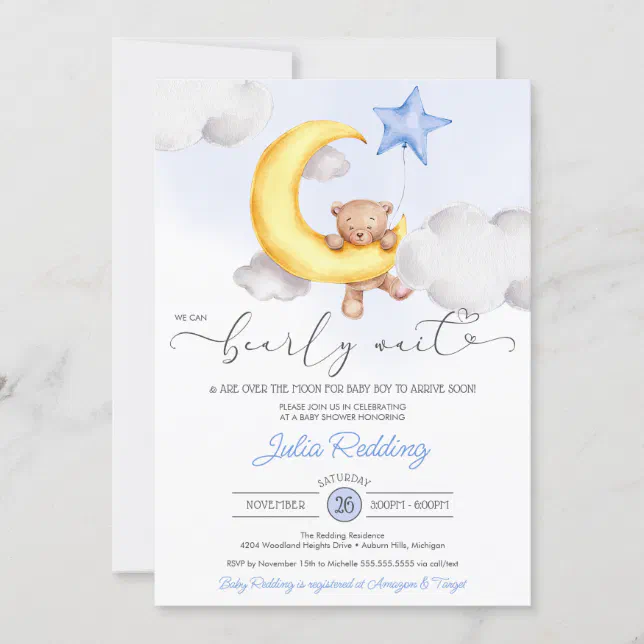 Bearly Wait Moon & Star Teddy Bear Boy Baby Shower Invitation | Zazzle