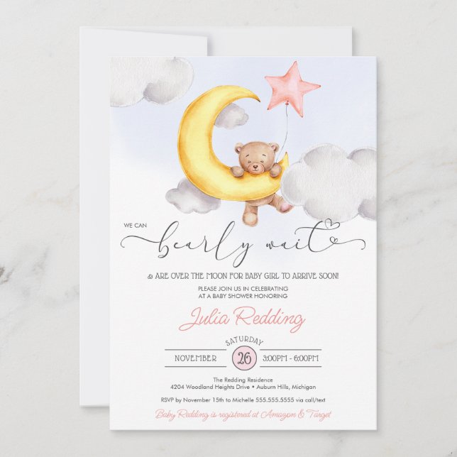 Bearly Wait Moon Star Teddy Bear Girl Baby Shower Invitation (Front)