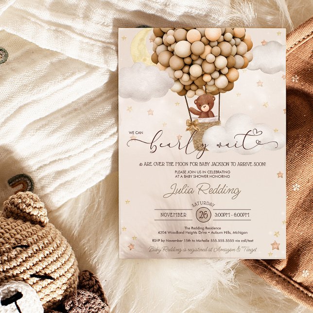 Bearly Wait Neutral Air Balloon Teddy Baby Shower Invitation (Creator Uploaded)