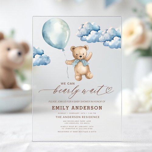 We Can Bearly Wait Blue baby shower invitation