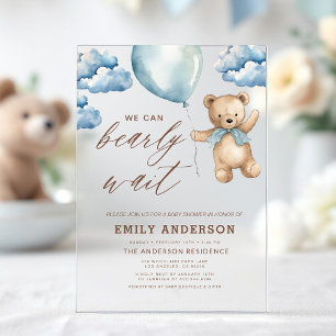 Bearly Wait Neutral Beige & Blue Boy Baby Shower Acrylic Invitations