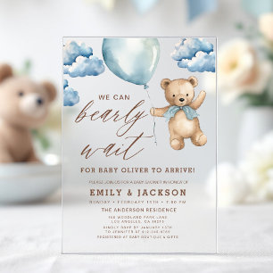 Bearly Wait Neutral Beige & Blue Boy Baby Shower Acrylic Invitations