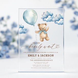 Bearly Wait Neutral Beige & Blue Boy Baby Shower Acrylic Invitations