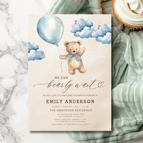 We Can Bearly Wait Blue baby shower invitation