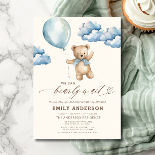 Bearly Wait Neutral Beige & Blue Boy Baby Shower Invitation