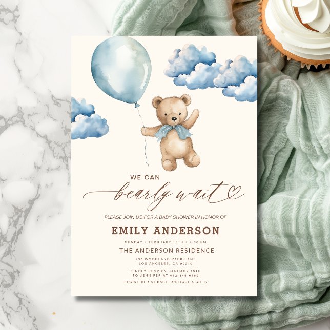 Bearly Wait Neutral Beige & Blue Boy Baby Shower Invitation (Creator Uploaded)