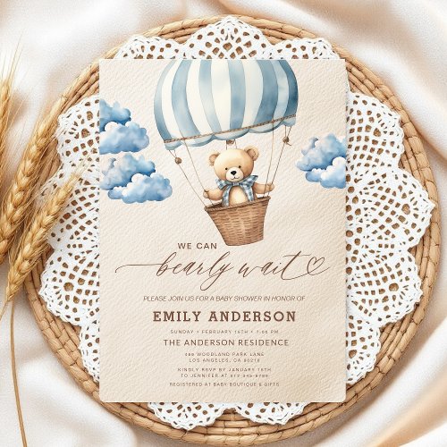 We Can Bearly Wait Blue baby shower invitation