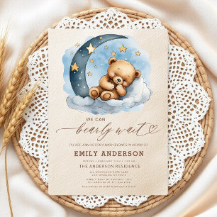 Bearly Wait Neutral Beige & Blue Boy Baby Shower Invitation