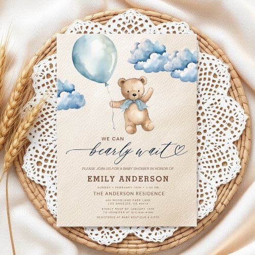 We Can Bearly Wait Blue baby shower invitation
