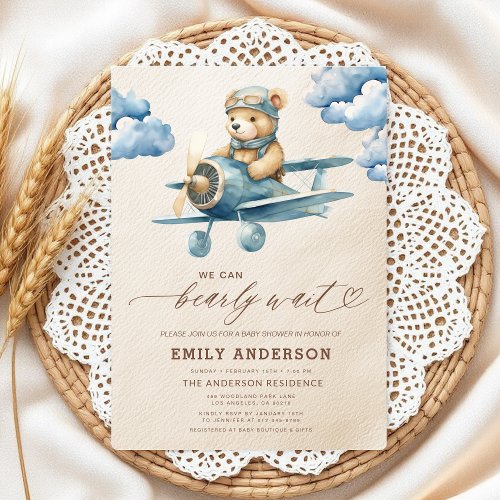 We Can Bearly Wait Blue baby shower invitation