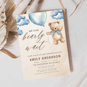 Bearly Wait Neutral Beige & Blue Boy Baby Shower Invitation