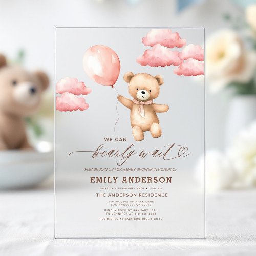 We Can Bearly Wait Pink baby shower invitation