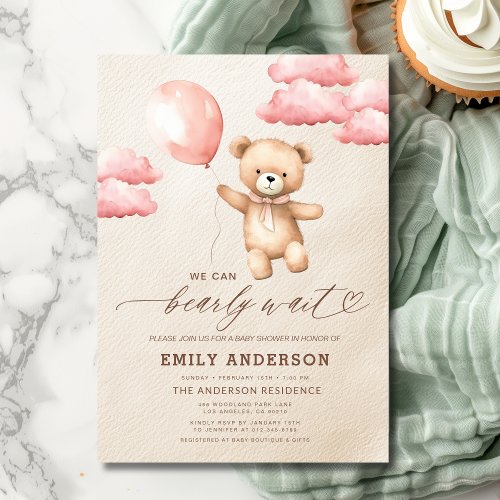 We Can Bearly Wait Pink baby shower invitation
