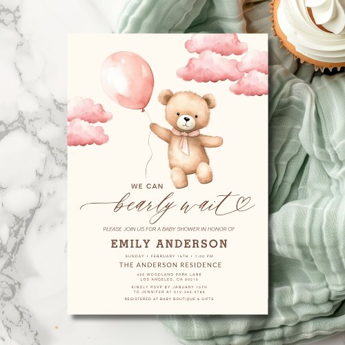 We Can Bearly Wait Pink baby shower invitation
