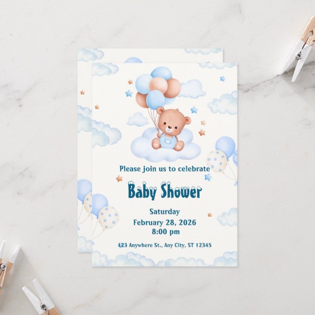 Bearly Wait Neutral, Blue and White Baby Shower In Invitation (Front/Back In Situ)