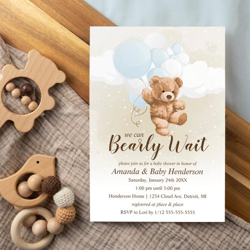 Bearly Wait Neutral Blue and White Baby Shower Invitation