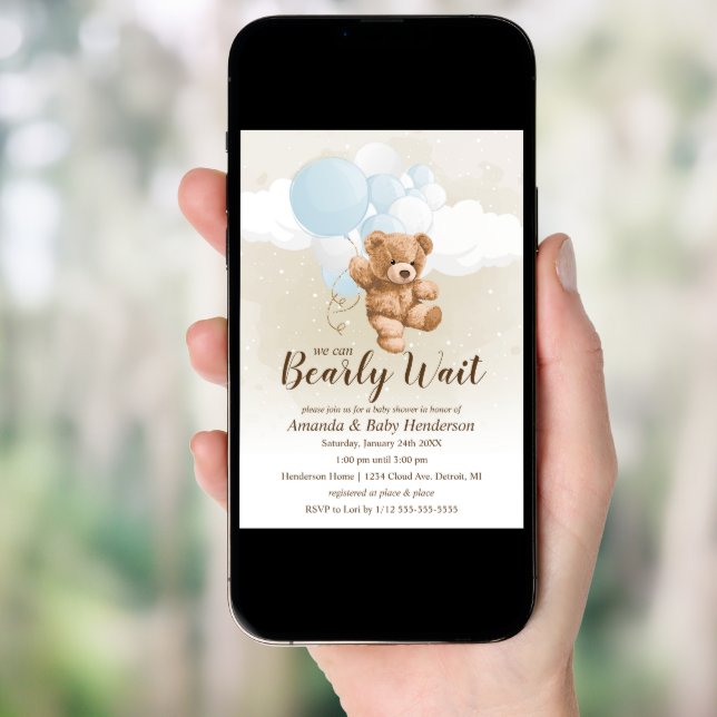 Bearly Wait Neutral, Blue and White Baby Shower Invitation (Front Digital)