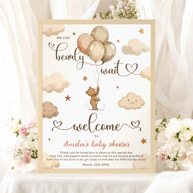 Bearly Wait Neutral Teddy Bear Balloon Baby Shower Poster (Bearly Wait Neutral Teddy Bear Balloon Baby Shower Poster)