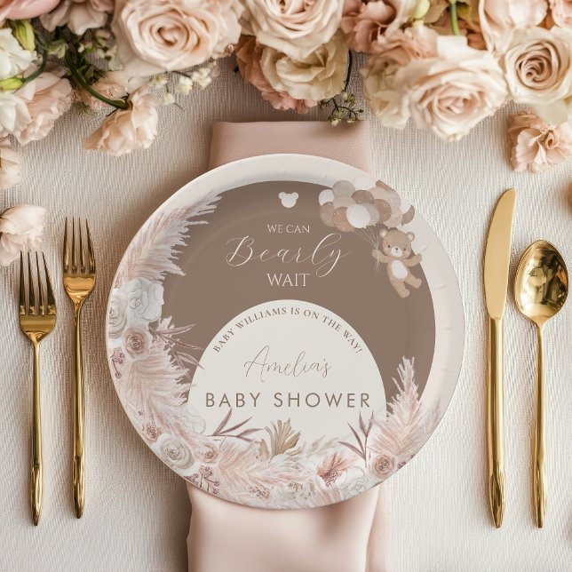 Bearly Wait Neutral Teddy Bear Boho Pampas Paper Plates (Creator Uploaded)