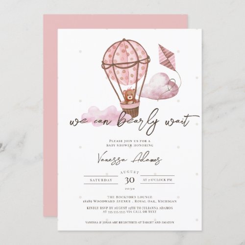 Bearly Wait Pink Air Balloon Teddy Bear Shower Inv Invitation