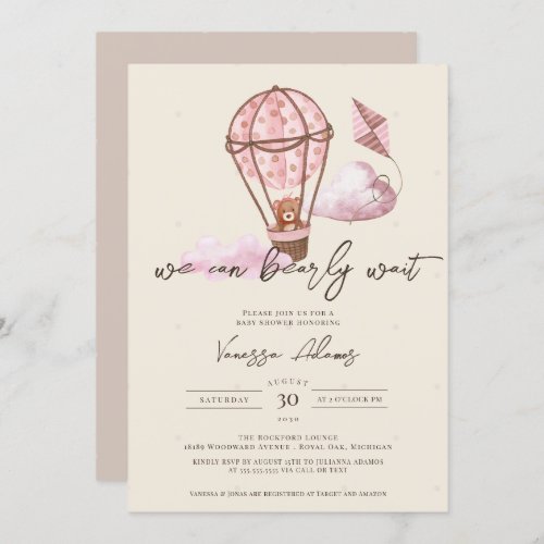 Bearly Wait Pink Air Balloon Teddy Bear Shower Invitation