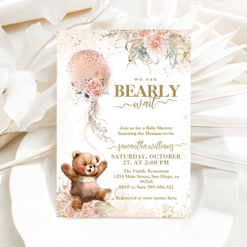 Bearly wait Pink Balloon Baby Girl Shower Invitation