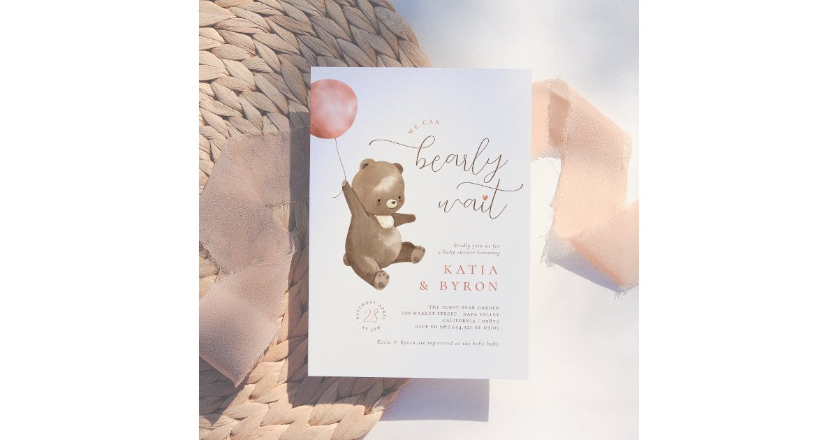 Bearly Wait Pink Balloon & Teddy Bear Baby Shower Invitation | Zazzle