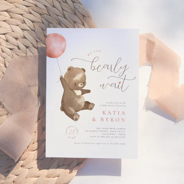 Bearly Wait Pink Balloon & Teddy Bear Baby Shower Invitation | Zazzle