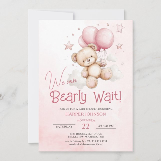 Bearly Wait Pink Balloons Baby Shower Invitation (Front)
