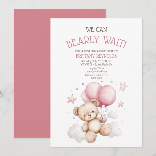 Bearly Wait Pink Bear Baby Shower Invitation (Front/Back)