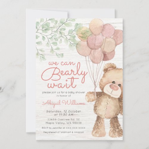 Bearly Wait Pink Bear Balloons Girl Baby Shower Invitation