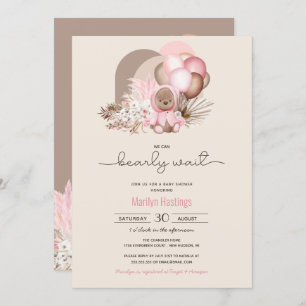 Bearly Wait Pink Boho Teddy Bear Girl Baby Shower  Invitation
