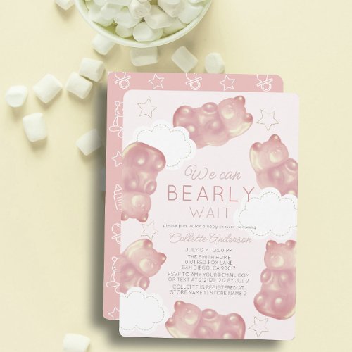 Bearly Wait Pink Gummy Bear Girl Baby Shower Invitation