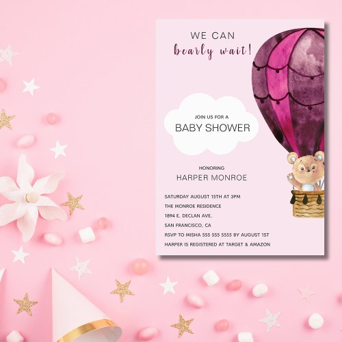 Bearly Wait Pink Hot Air Balloon Girls Baby Shower Invitation