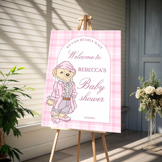 Bearly wait pink plaid baby shower welcome sign (Bearly wait pink plaid classic polo teddy bear baby shower welcome sign board personalized decor)