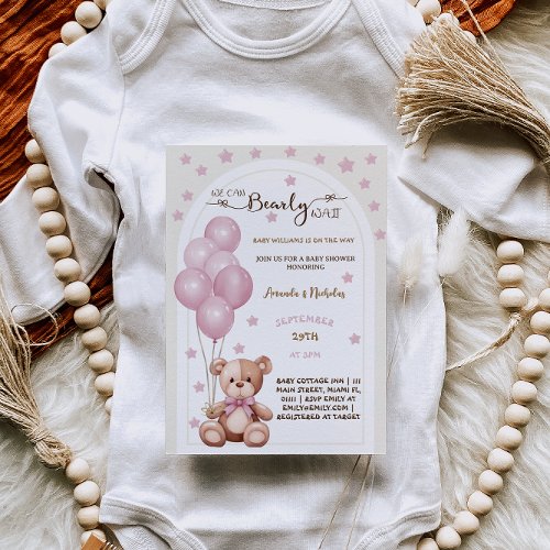 Bearly Wait Pink Rustic Balloons Baby Girl Shower  Invitation