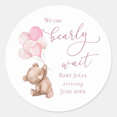 Bearly Wait Pink Teddy Bear Baby Shower Classic Round Sticker
