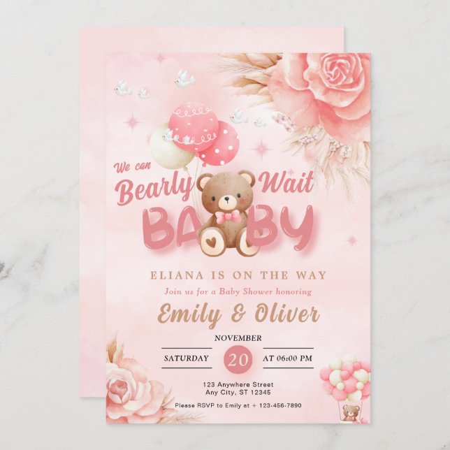 Bearly Wait Pink Teddy Bear Baby Shower Invitation (Front/Back)