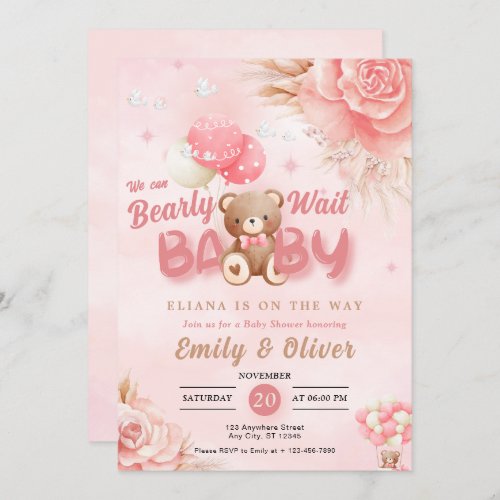 Bearly Wait Pink Teddy Bear Baby Shower Invitation